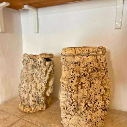 two vases sitting on the floor in a room at Rifugio Antico nella Città di Pietra in Tempio Pausania