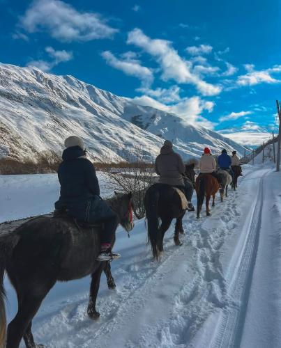 a group of people riding horses down a snow covered road at Januka Garden at Sno in Stepantsminda