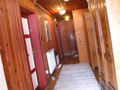 un pasillo con paredes revestidas de madera y una habitación con alfombra en Unser kleines Bauernhaus, en Maria Luggau
