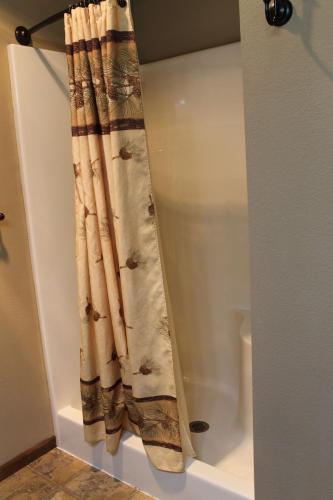 a bathroom with a shower curtain next to a toilet at 3 Bedroom condo at Wild Eagle Lodge in Eagle River