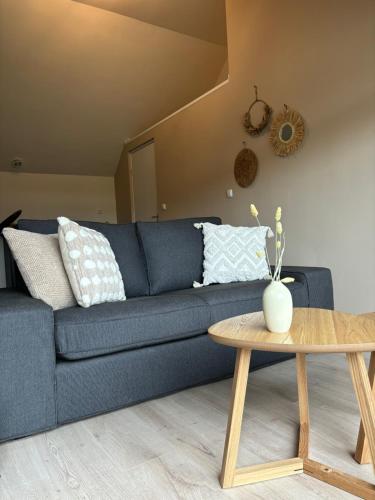 a blue couch in a living room with a table at Vallei - appartement de Es in Rolde