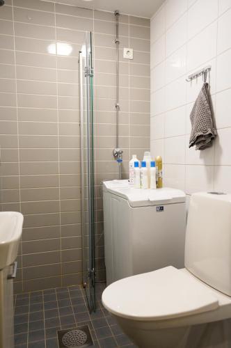 a bathroom with a toilet and a shower at Cozy apartment with view in Kajaani