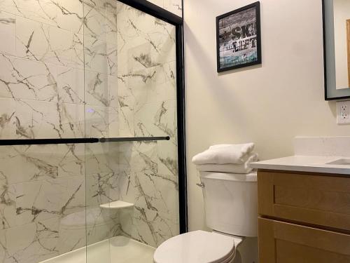 a bathroom with a toilet and a glass shower at Luxury 2 Bedroom Lodge Unit 302 in Wilmington