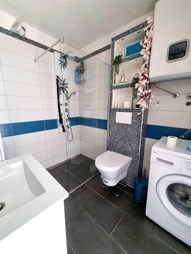 a bathroom with a toilet and a sink and a washing machine at Vila Santa Maria Hvar with jacuzzi in Jelsa
