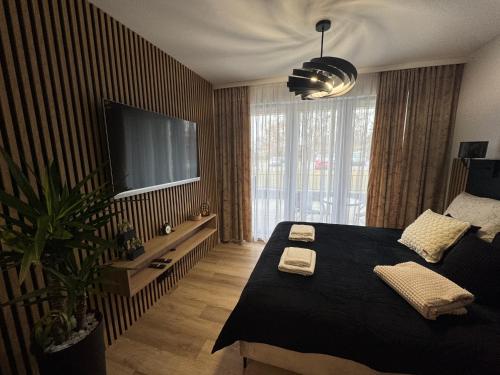 a bedroom with a black bed and a flat screen tv at Apartament Zamojskie Echo in Zamość