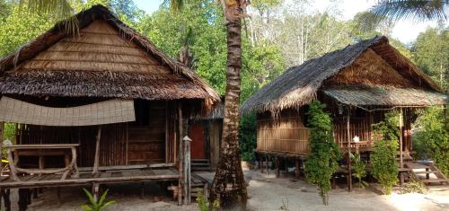 two huts in a forest with a palm tree at manyaifun guest house in Minyaifuin