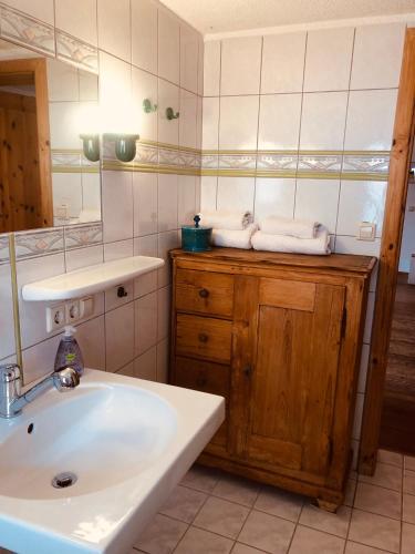 a bathroom with a sink and a mirror at Ferienwohnungen auf einem ehemaligen Bauernhof in Neuhausen