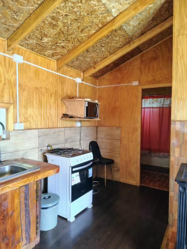 a kitchen with a stove and a sink at Cabañas vista Yates in Puerto del Yate