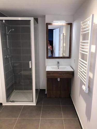 une salle de bain avec une douche, un lavabo et un miroir dans l'établissement Maison Jasmin, Modern, air-conditioned 2-bed with lovely terrace & communal pool, au Plan-de-la-Tour