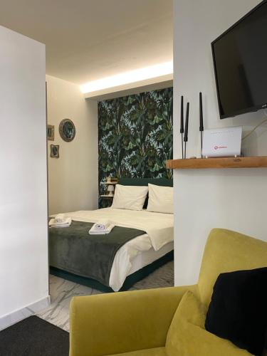 a bedroom with a bed and a tv and a couch at ΑΘΗΝΑ HOME in Ioannina