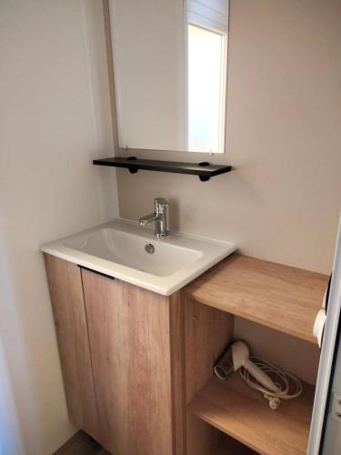 une salle de bain avec un lavabo et un miroir dans l'établissement Mobil Home Les Charmettes 321, aux Mathes