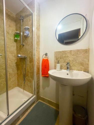 a bathroom with a sink and a shower at Brixton/Oval House in London