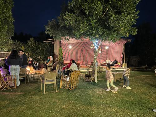 a group of people standing in a yard at night at Pr Sen Lodge in Tunis