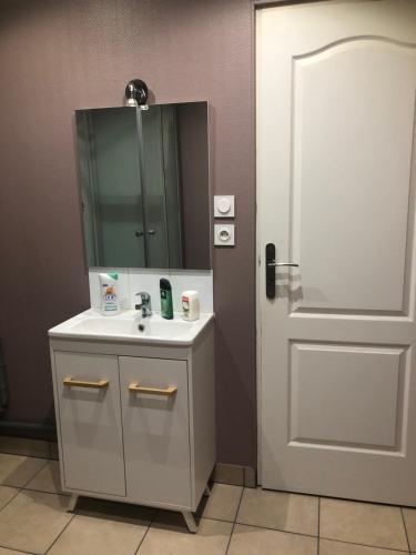 a bathroom with a sink and a mirror and a door at Maison de campagne in Hamelet