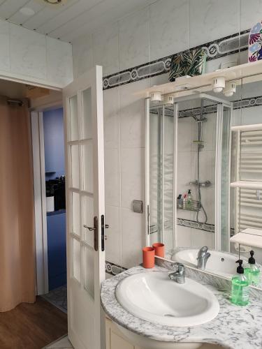 une salle de bain avec un lavabo et une baignoire dans l'établissement Maison à 10 min de la plage, à Les Sables-dʼOlonne
