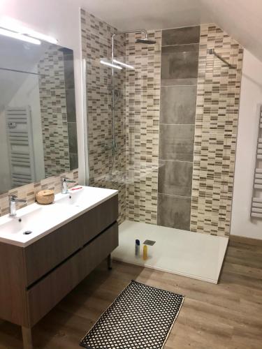 une salle de bain avec un lavabo et une douche dans l'établissement Étage privatif dans grande maison, à Saint-Marceau