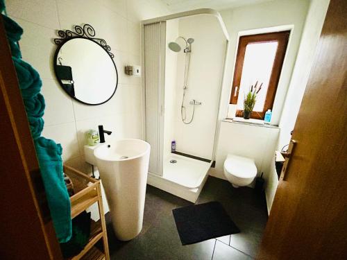a bathroom with a sink and a toilet and a mirror at Christines Ferienwohnung in Weiler-Simmerberg