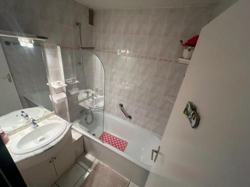 une salle de bain avec une douche, des toilettes et un lavabo dans l'établissement Appartement traversant de 39 m2 4 à 6 personnes, au Barcarès