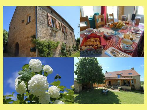 een collage van foto's van een huis en een tafel met witte bloemen bij Entre Lot et Dordogne in Saint-Cirq-Madelon