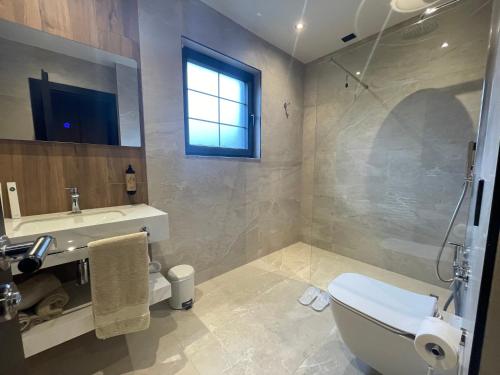 a bathroom with a toilet and a sink at PineHill Hotel, Restaurant , Pool & Spa - RAZEM in Razëm