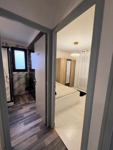 a room with a bedroom with a bed and a mirror at Maison des rivages 3 chambres in Saint-Géréon