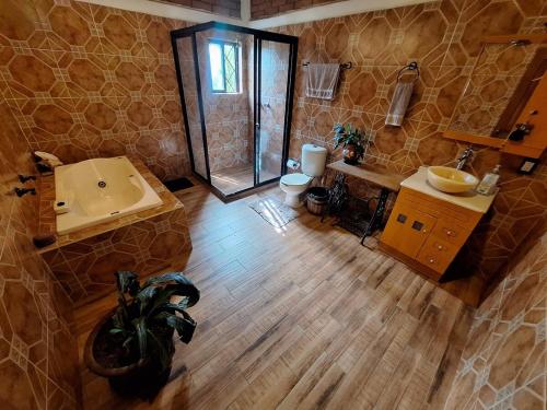 a bathroom with a sink and a toilet and a shower at Cabaña Corazón del Bosque in Huasca de Ocampo