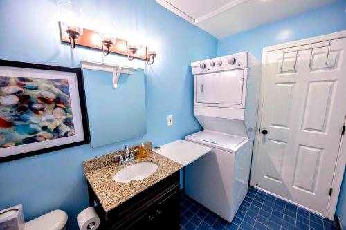 a bathroom with a sink and a white refrigerator at Minutes to DC! Pet is ok! 2BR Retreat Free Parking & BBQ in Arlington