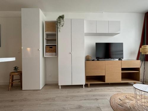 - un salon avec une armoire et une télévision dans l'établissement Studio 3*** Moderne avec Wifi et Parking à Aix-les-Bains - FR-1-555-101, à Aix-les-Bains