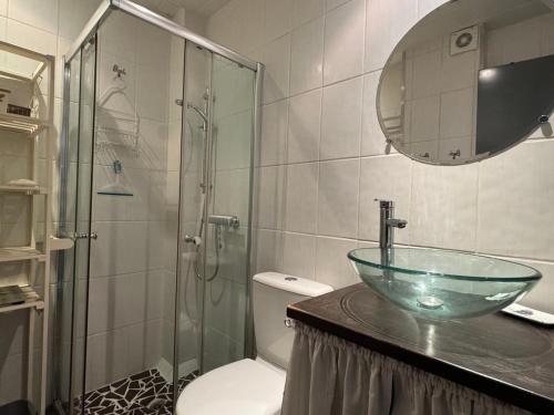 La salle de bains est pourvue d'un lavabo en verre et d'une douche. dans l'établissement Type 2 lumineux avec grand garage à Aix-les-Bains - FR-1-555-104, à Aix-les-Bains