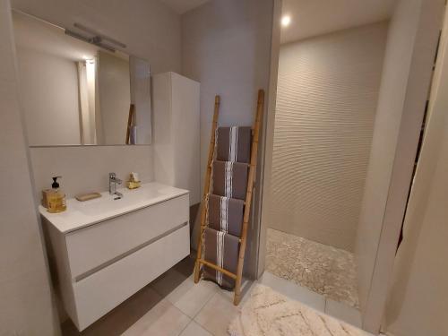 une salle de bain avec un lavabo et une douche dans l'établissement Appartement Confortable avec Vue, WIFI et Climatisation - FR-1-776-122, à Saint-Cyprien