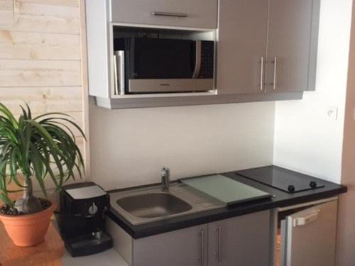 une cuisine avec un évier et un micro-ondes dans l'établissement Appartement 6 pers, accès pistes, vue montagne - FR-1-602-120, à Arette