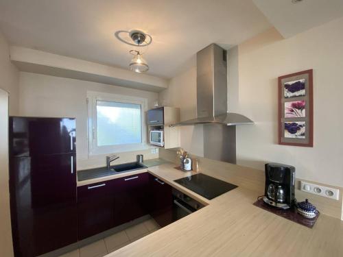 La cuisine est équipée d'un réfrigérateur noir et d'un évier. dans l'établissement Vaux-sur-Mer : Charmant T2 en bord de mer avec parking - FR-1-738-40, à Vaux-sur-Mer