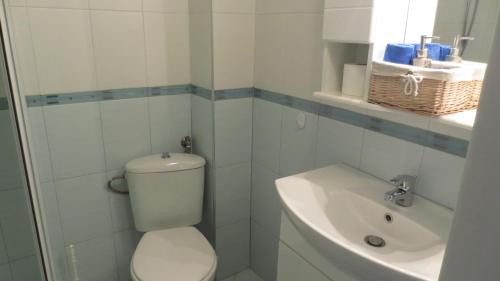 Baño blanco con aseo y lavamanos en Apartment Sophie en Plovdiv