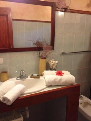 a bathroom with a sink with towels and a mirror at Villa La Caleta in Las Galeras