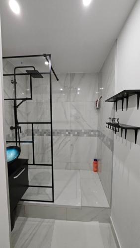 a bathroom with a shower with a glass door at Amber room - 20 min to Paris in Créteil