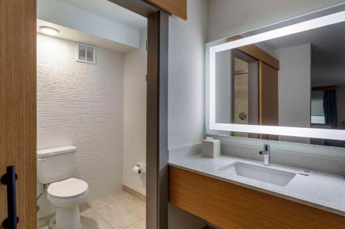 a bathroom with a toilet and a sink and a mirror at Comfort Inn & Suites Nashville Downtown - Stadium in Nashville