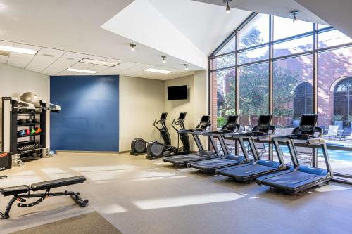 a gym with a row of treadmills and ellipticals at Hilton Richardson Dallas, TX in Richardson
