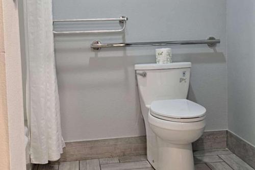 a bathroom with a toilet and a shower curtain at Edgewater Inn and Suites, an Ascend Collection Hotel in Coos Bay