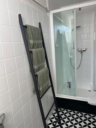 a towel rack in a bathroom with a shower at Lovely guest suite in country villa near Cologne in Kerpen