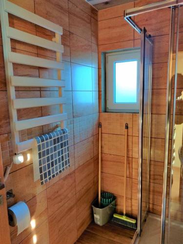 a bathroom with a shower and a glass door at Agroturystyka Faron in Rozdziele