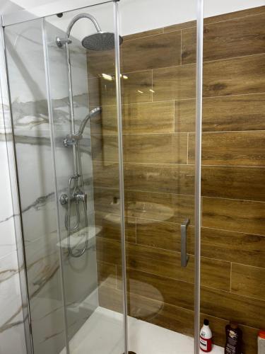 a shower with a wooden wall in a bathroom at BAM BAM TIBURTINA Guesthouse in Rome