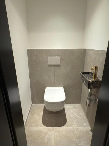 a bathroom with a toilet and a sink at Innenstadt-Loft mit Terrassen-Oase in Memmingen