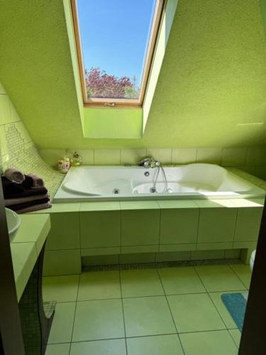 a green bathroom with a tub and a window at Agroturystyka Alpakolandia Góra Szybowcowa in Jeżów Sudecki