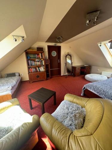 a attic room with a couch and a table at Agroturystyka Alpakolandia Góra Szybowcowa in Jeżów Sudecki