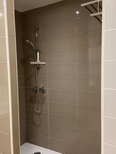 une douche avec pommeau de douche dans une salle de bain dans l'établissement Magnifique appartement à 100 m de la plage, à Agon-Coutainville