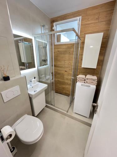 Un baño con inodoro, lavabo y ducha. en Apartman CITY STAY v centre Martina FREE parking, en Martin