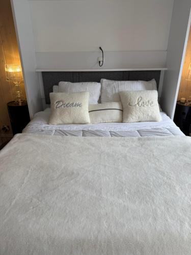 Ένα ή περισσότερα κρεβάτια σε δωμάτιο στο Idéal Cosy Lumineux Central calme Fonctionnel & Beau