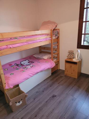 une chambre avec deux lits superposés et un plancher en bois dans l'établissement La jolie Vue et La Maison de la Tour- Cordes-sur-Ciel, à Les Cabannes