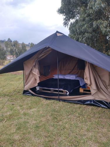 a tent in a field with a bed in it at Hospedaje Guatavita cabaña tippie in Guatavita