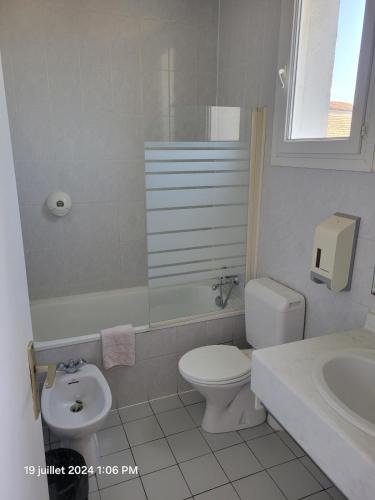 a white bathroom with a toilet and a sink at grand T4 proche sanctuaires in Lourdes